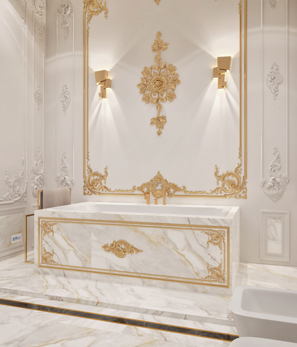 Łazienka w stylu pałacowym ze złotą armatura.